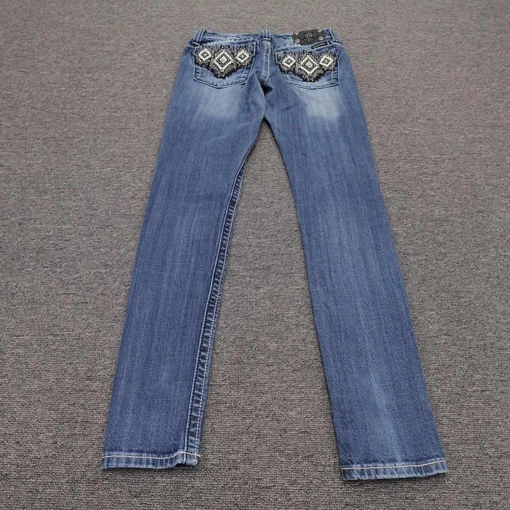 Miss Me Jeans Womens 27 Blue Skinny Low Rise Aztec Embroidered Denim JW5416S3